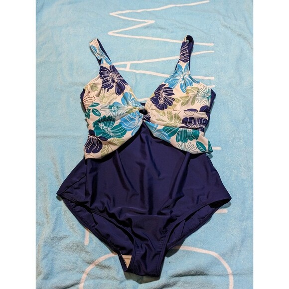 Silhouette Solution Size 16 L Blue One Piece Swimsuit w Floral top - Picture 3 of 11